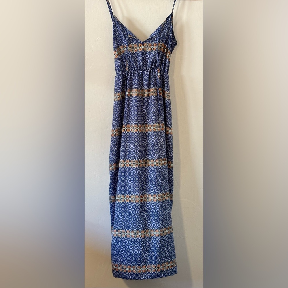 🌸 Peach Royal Boho Maxi Size Medium Blue/Teal/Orange Graphic Print Dress